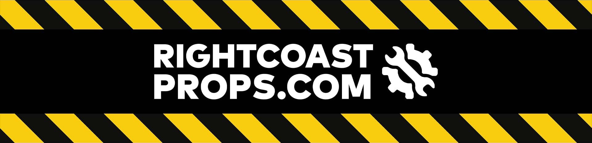 RightCoast Props.com logo with yellow and black hazard stripes on a black background