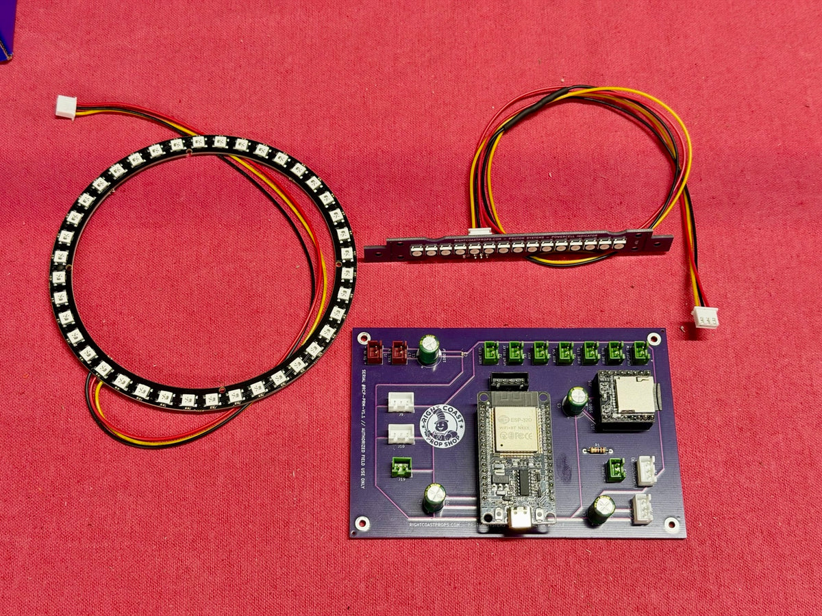 Included development proton pack PCB, 40 LED cyclotron ring and wired power cell